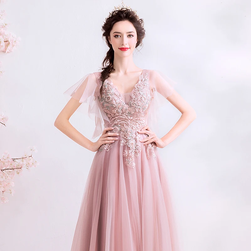 SSYFashion Новое роскошное вечернее платье, милое розовое кружевное платье с аппликацией из бисера и v-образным вырезом, длина до пола, официальное вечернее платье, Robe De Soiree