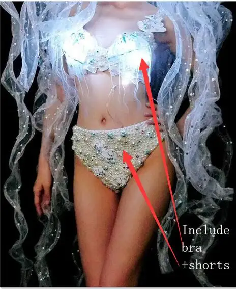 Bra Shorts Светодиодный бюстгальтер-бикини с белым жемчугом и большой шляпой, женский наряд для ночного клуба или бара, женский наряд для певицы, танцовщицы, подиум для моделей вечерние танцевальные костюмы - Цвет: Bra Shorts