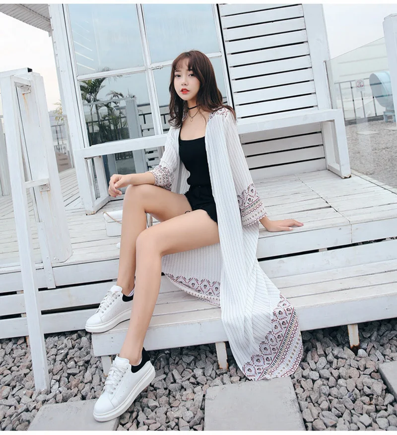 Fitshinling Boho polka dot striped swimwear beach cover up long cardigan ethnic summer kimono holiday slim bokini outer covers |