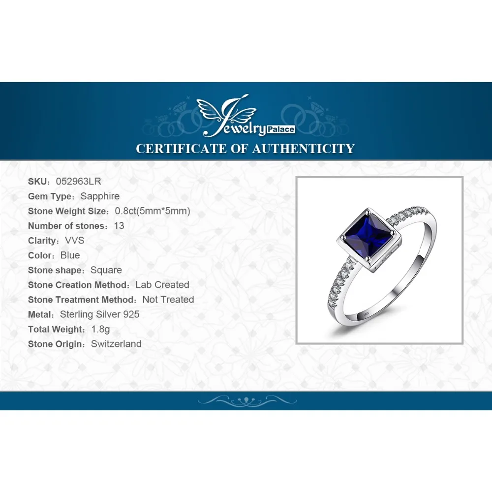 JewelryPalace квадратный 0.9ct создан синий сапфир пасьянс кольцо 925 пробы серебро