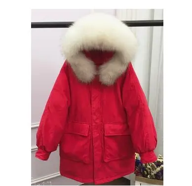 red coat white fur Огромный воротник из натурального меха енота, зимняя куртка для женщин, плотное теплое женское Свободное пальто, высокое качество, белый пуховик, парка - Цвет: red coat white fur