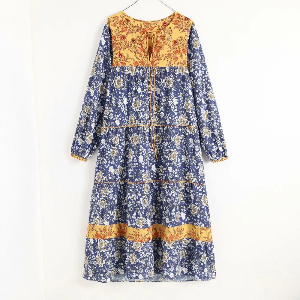 Женское платье с длинным рукавом TEELYNN синее свободное из полиэстера цветочным