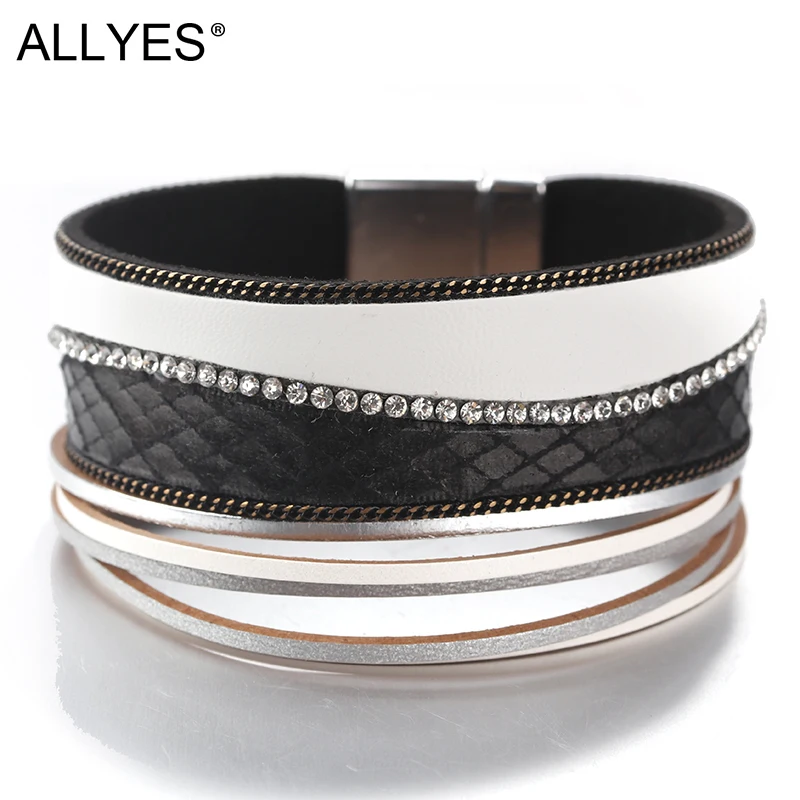 

ALLYES Fashion Leather Bracelets for Women Magnet Rhombus Pattern Rhinestone Multilayer Wrap Bracelets & Bangles Female Jewelry