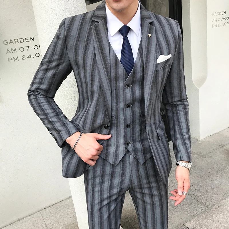 Мужские новые костюмы мужские Модные Повседневные тонкие полосатые деловые