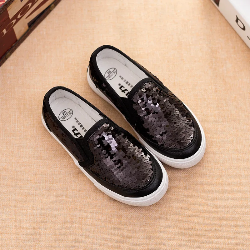 Sequins Girls Shoes Children Sneakers Kids Solid Color Baby Loafers Students Flats Slip on Gold Black Canvas 23-37# | Детская одежда и