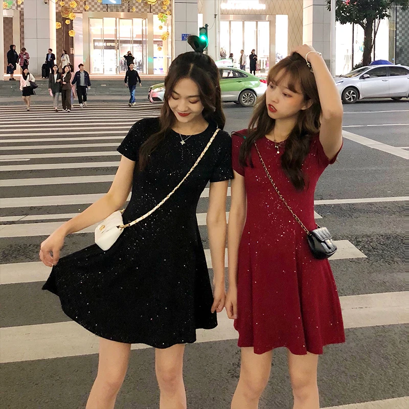 2019 новое летнее корейское винтажное женское блестящее черное платье с коротким