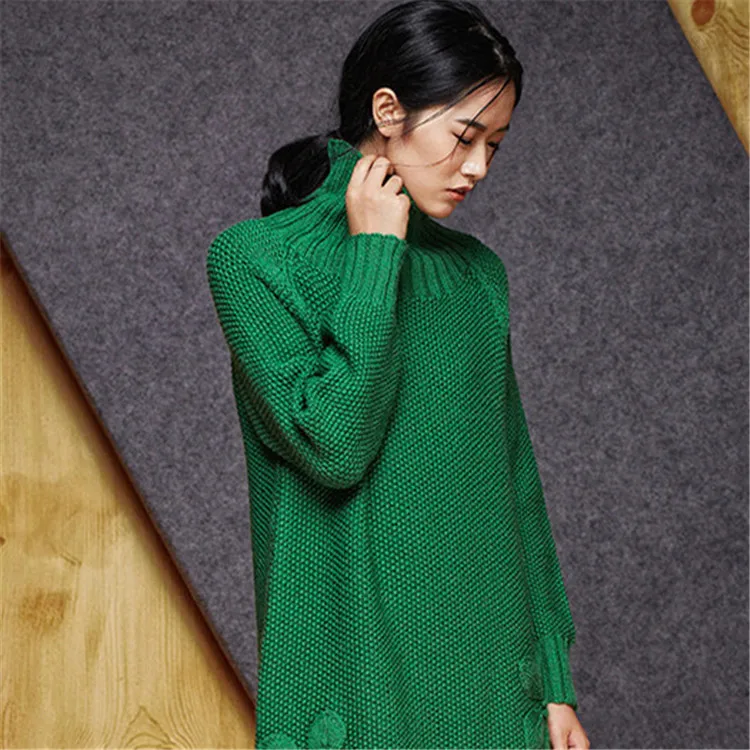 100% hand made pure merino wool thick knit women fashion long sweater dress high neck 7color retail wholesale customized | Женская