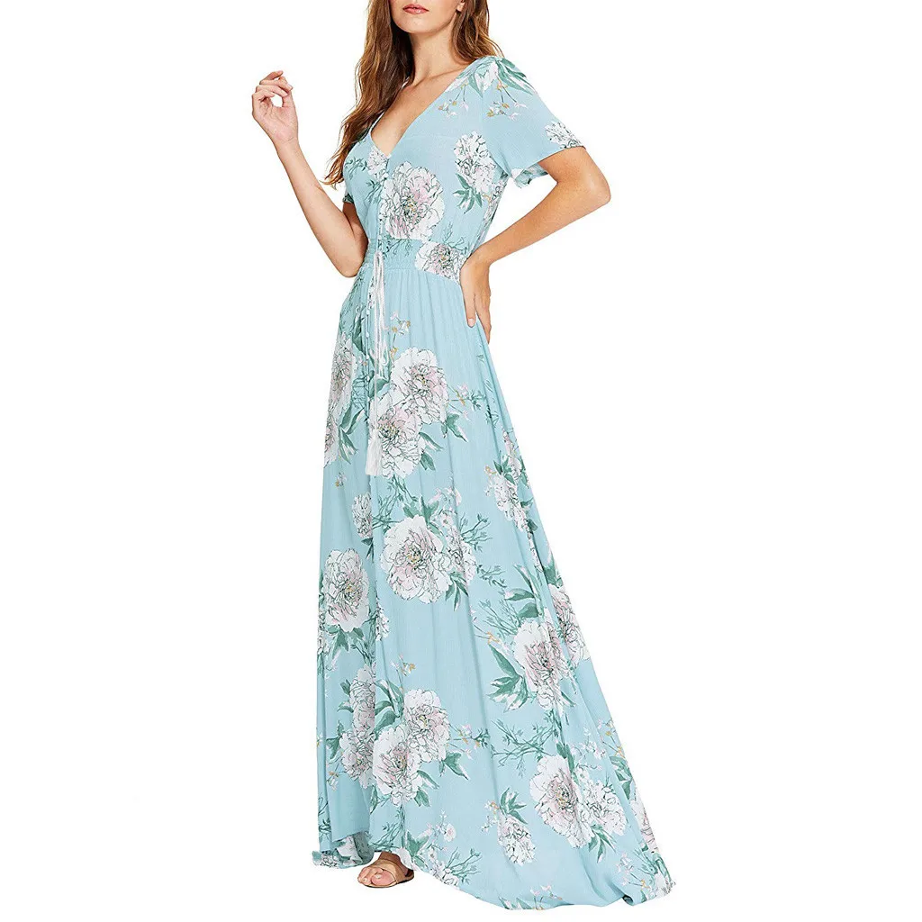 Women Summer Casual Floral Print V-neck Dresses Long Dress Button Up Split Flowy Party Maxi 2*0 | Женская одежда