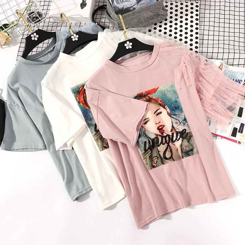 Pantalon изображение печати Футболка для женщин бисера сетки короткий рукав