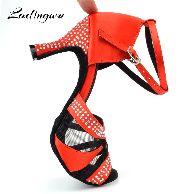 Ladingwu ballroom dance shoes for girls Glitter Rhinestone Latin Dance Shoes Women Satin Red Brown and Breathable mesh Sandals | Спорт и