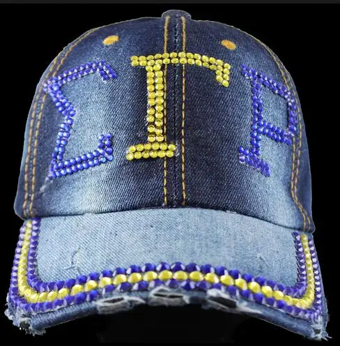 denim SGR Кристалл Камень Точка SGR Sorority буквы стиль стеклянные джинсовые кепки для женщин Sigma Gamma Rho шапка со стразами - Окраска металла: denim SGR