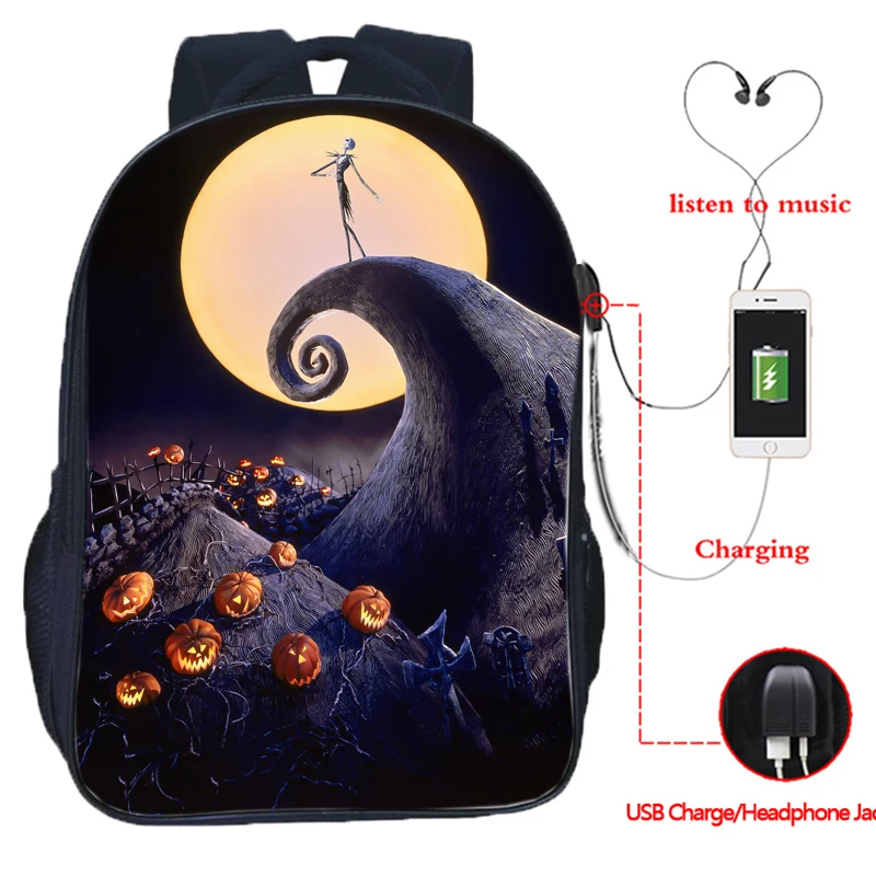 The Nightmare Before Christmas Backpack USB Charging Backpack Jack Skellington School Bag Backpacks Multifunctional Travel Bags - Цвет: 27