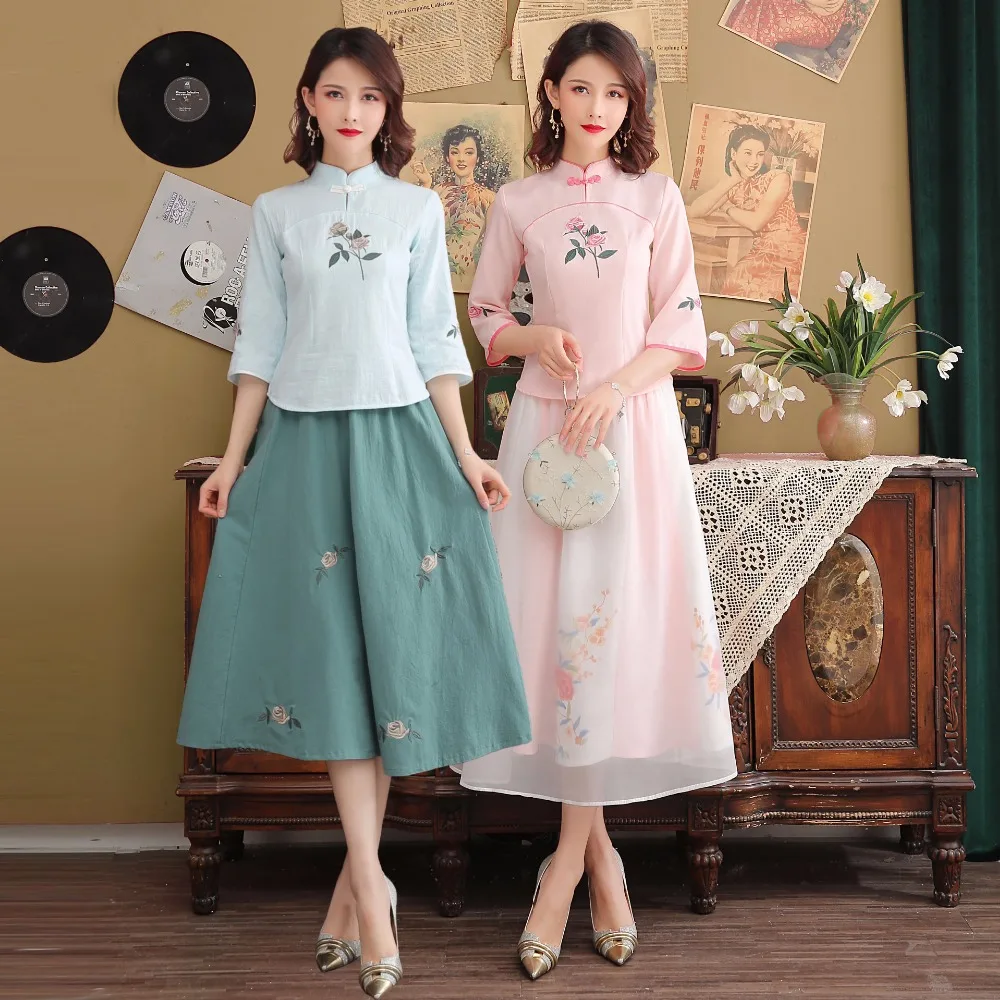 Новая улучшенная версия платья Чонсам китайский hanfu Женский три четверти рукав цветок вышивка Двухсекционный размер S-3XL