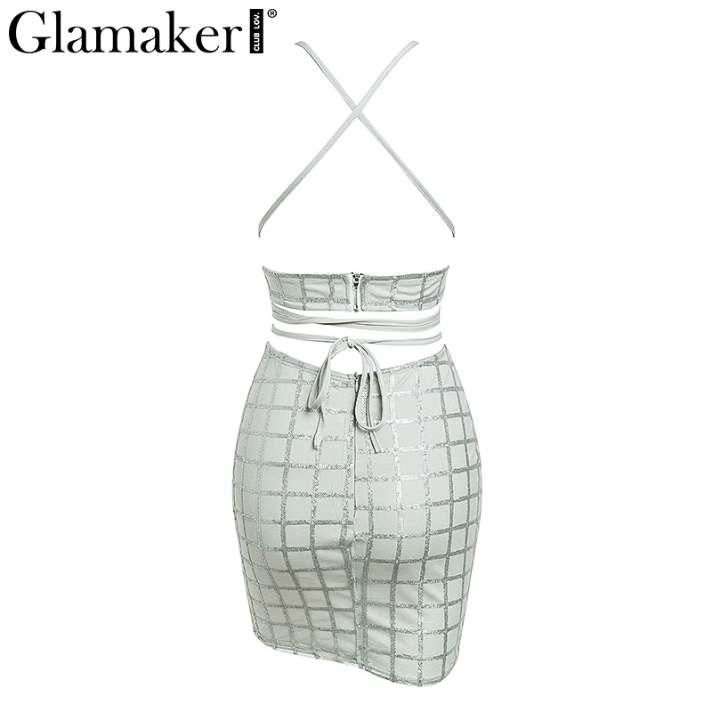 Glamaker Sequin клетчатое кружевное сексуальное платье женское без спинки комплект из