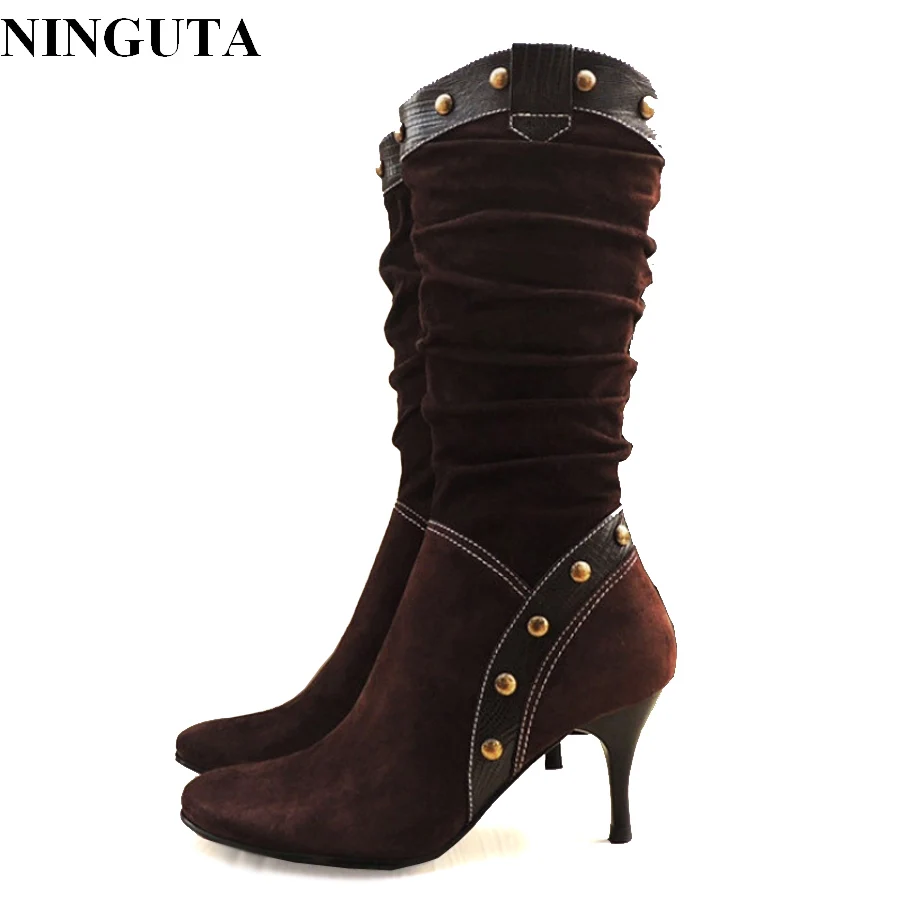 Fashion rivets Genuine Leather womens knee high boots high heels women boots footwear shoes autumn
