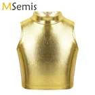 Балетные трико для девочек, балерина, металлик, без рукавов, водолазка, укороченные топы для балерины, танцевальные костюмы, сценические выступления