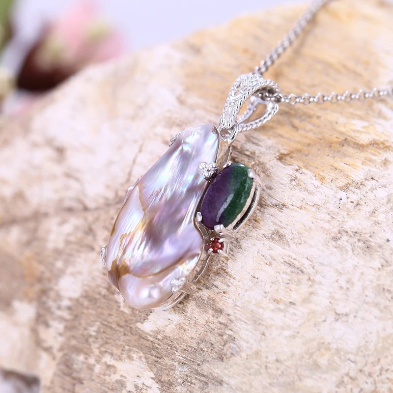 

925 Sterling Silver Pendant!! Natural Stone Shell With Ruby And Zoisite Lucky For Valentine's Day Jewelry Accessories