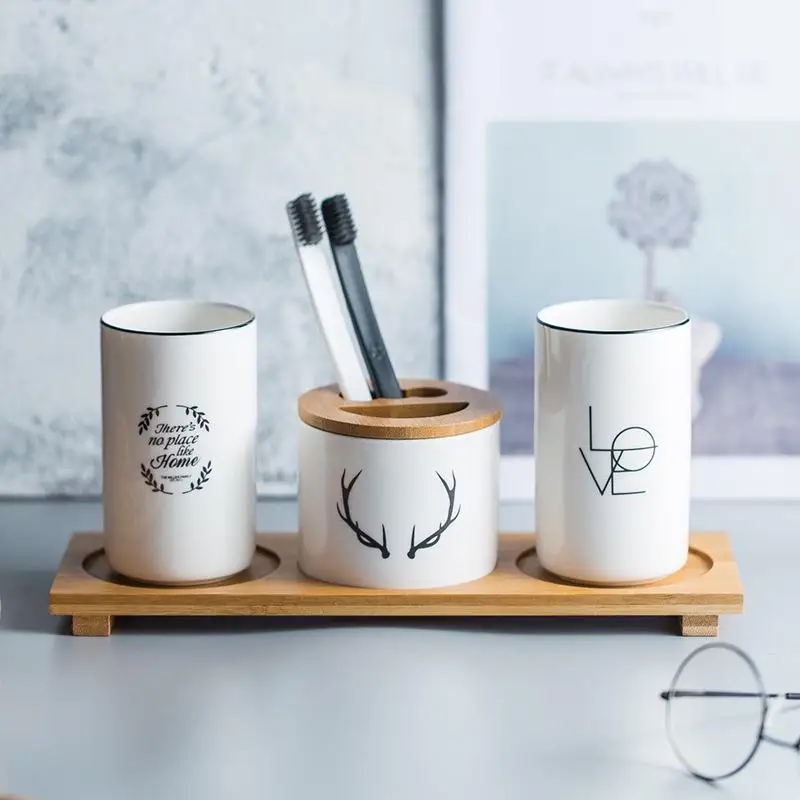 1 Green Pattern Ceramic Toothbrush Cup Set Nordic Fashion Simple Couple Mouth Mug Bathroom Accessories Good Looking Food Container - Цвет: 1
