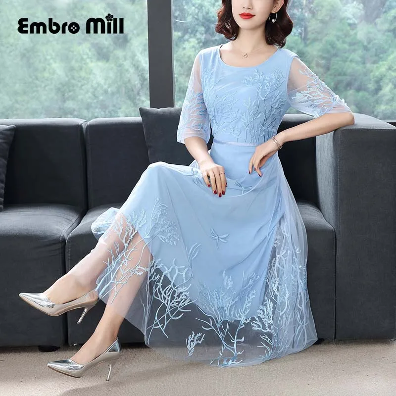 spring women Party style floral blue dress Mesh Heavy work embroidery Water flower Hollow sleeve section Slim S-XL | Женская одежда