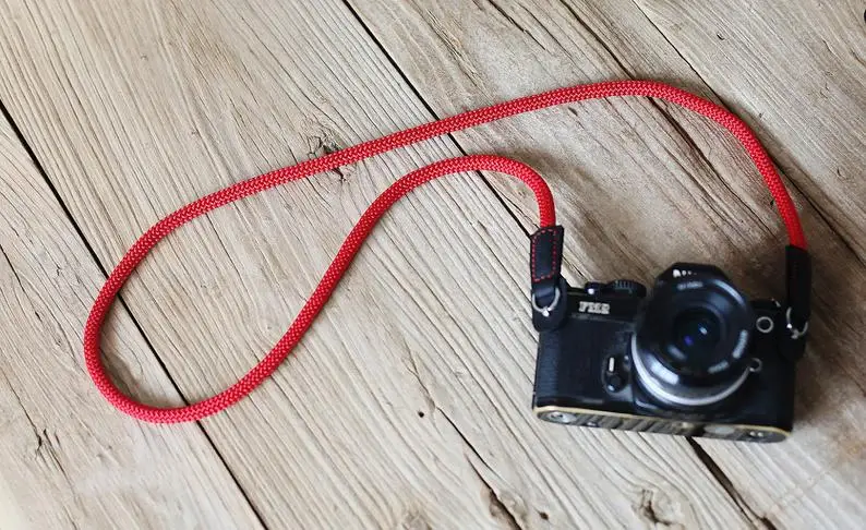 COOL pure red climbing rope 8mm black leather handmade Camera neck shoulder strap &amp Windmup |