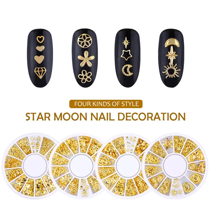 Ellwings 3D золотой цветок Звезда Луна Дизайн заклепки ногтей Блеск Стразы Nail Книги по