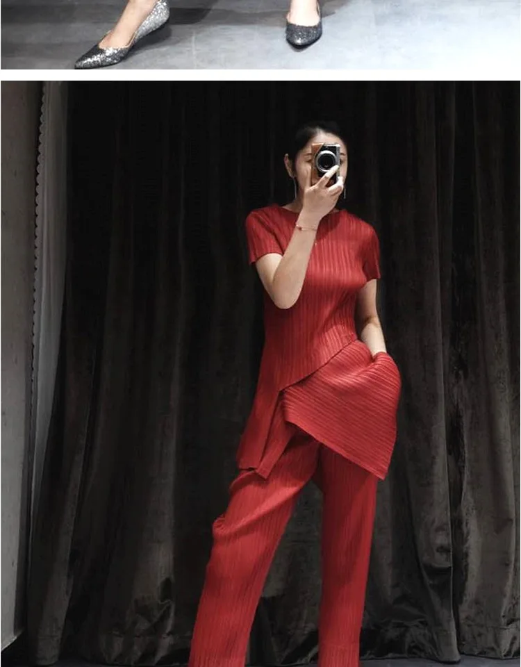 Changpleat летний женский комплект из двух предметов Miyak плиссированные модные однотонные футболки с круглым вырезом и штаны большие эластичные женские костюмы S9