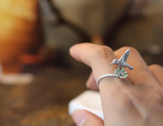 Модное кольцо с цветком и птицей золотистого серебристого цвета|flower ring|fashion rings