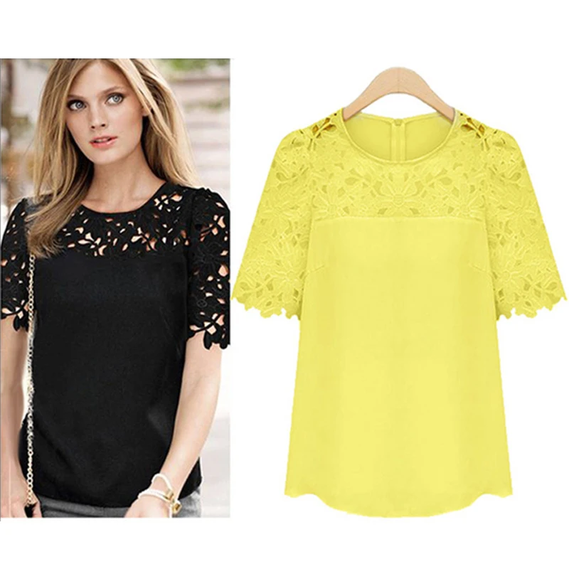2016 летняя женская шифоновая блузка белая кружевная с баской круглый вырез