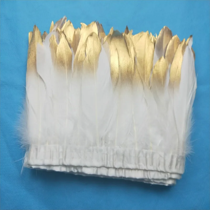

2yard/lot gold paint spray goose feather fringes 15-20cm White with gold tips goose feather trims 2y/pc