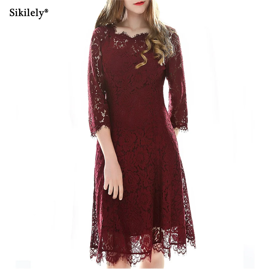 Женское платье с круглым вырезом Sikilely кружевное длиной до колена рукавом три