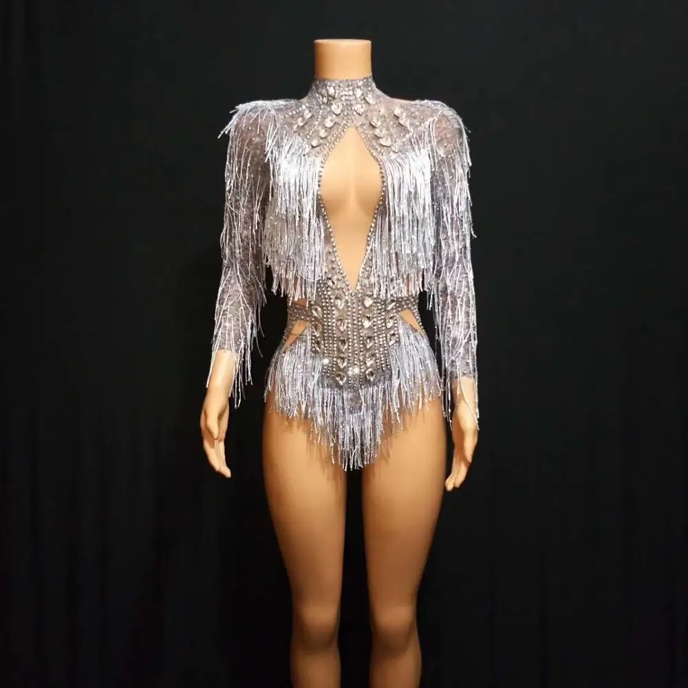 Short Bodysuit Блестящие Серебряные Кристаллы бахрома танцевальный костюм перчатки со стразами кисточкой боди вечерние танцевальная одежда шоу сексуальный комбинезон DT555 - Цвет: Short Bodysuit