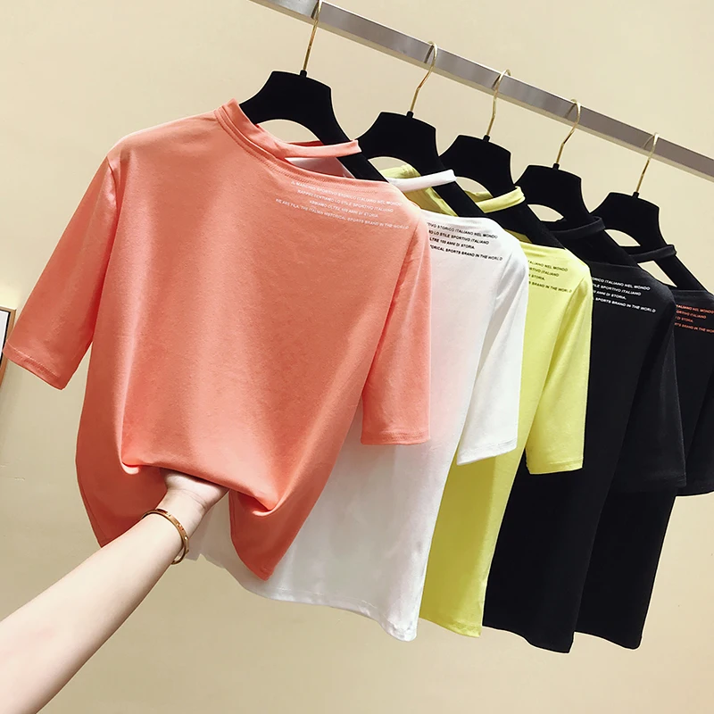 Женская футболка с вырезом белая хлопковая коротким рукавом летняя желтая 2019 |