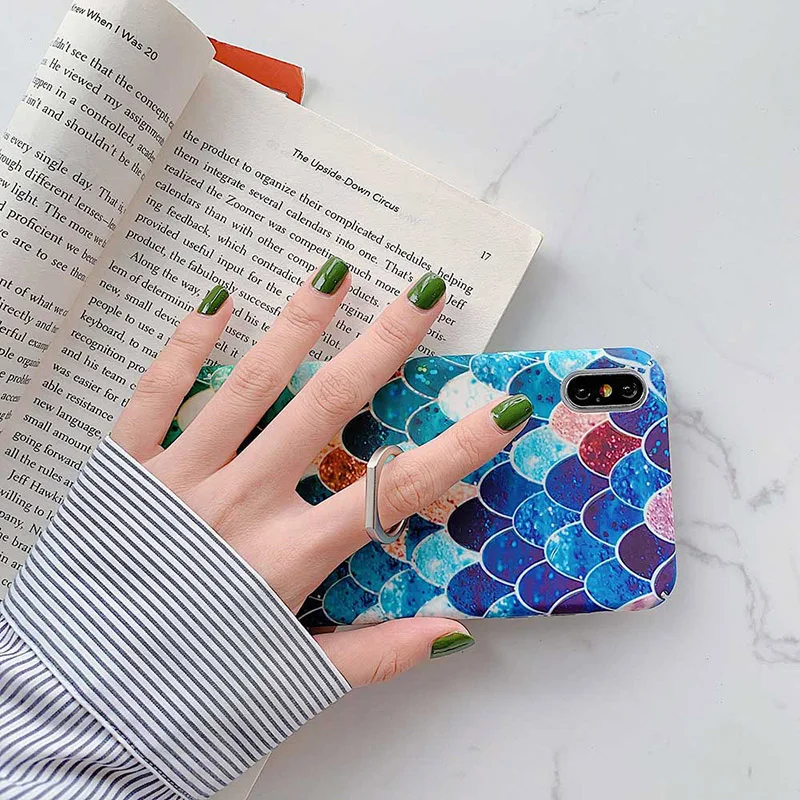 Boucho Colorful Ainbow Mermaid Scales Pattern Case For Apple iphone XS MAX XR X 7 8 plus 6 6s Phone With Finger Ring |