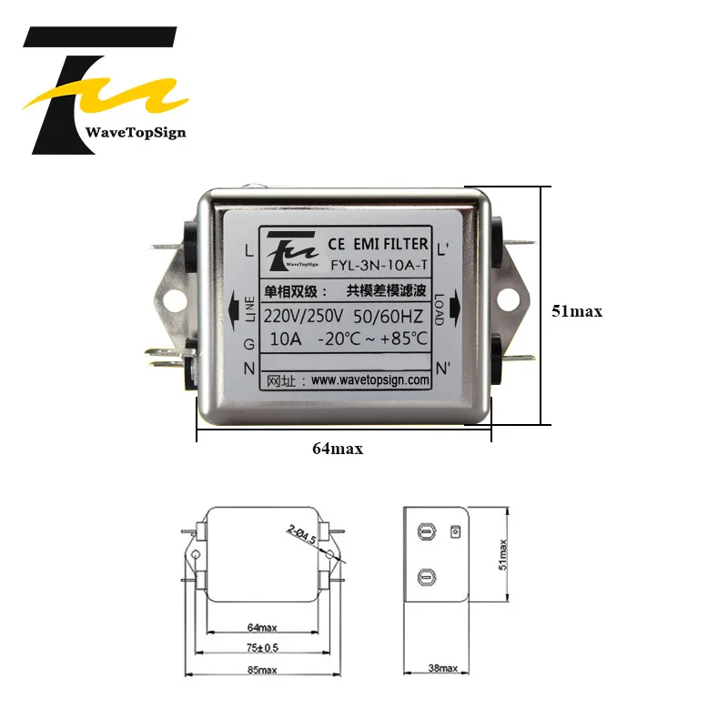 WaveTopSign Insert-chip фильтр FYL-3N-T серии ток 6A 10A 20A напряжение 250В |
