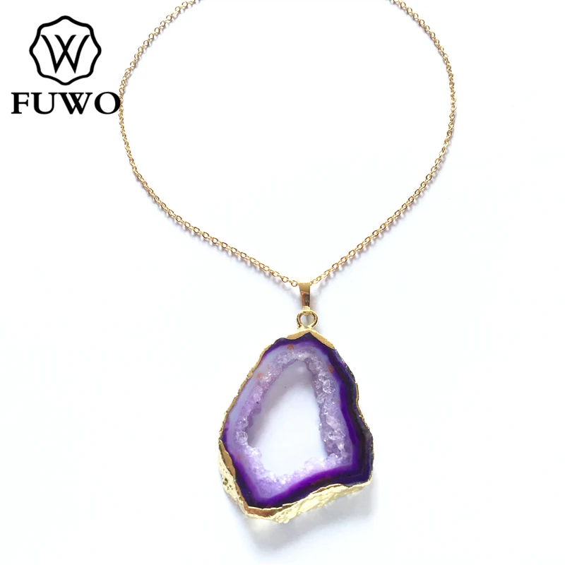 

FUWO Fashion Purple Druzy Geode Slice Necklace With 24K Gold Filled Brass Chain High Quality Anti-fading Bohemia Jewelry NC063