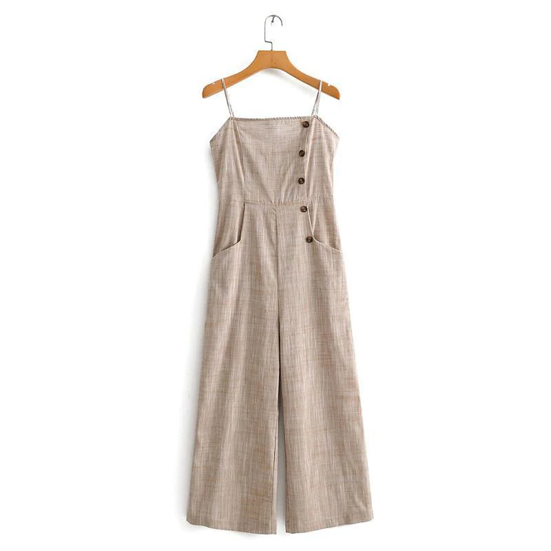 Элегантный женский комбинезон без рукавов свободные длинные штаны на пуговицах