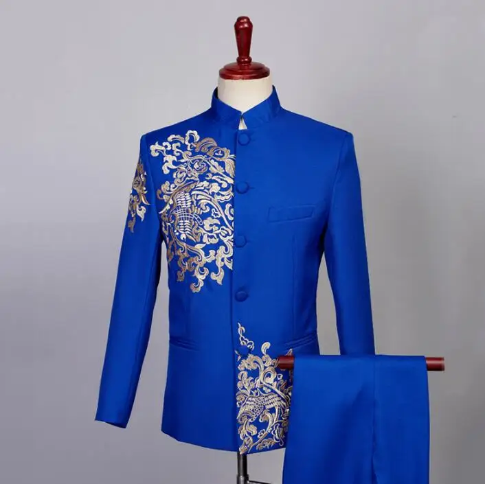 

Singer dance stage clothing for men groom suit set with pants embroidery Standing collar Chinese tunic suit mens formal dress