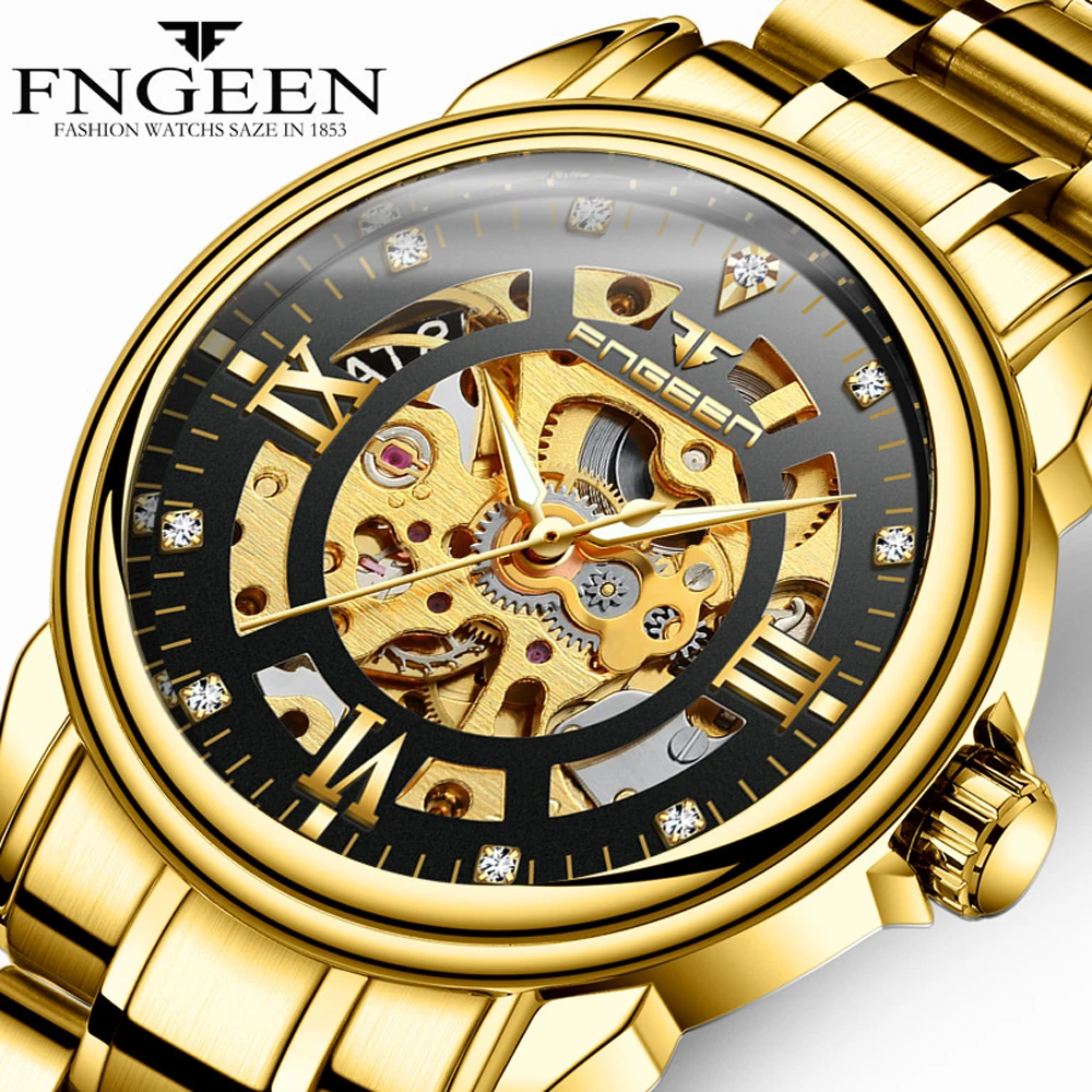 

Watches Men 2020 Famous Brand fngeen Mens Watches Steel Gold Automatic Mechanical Watch Hollow Diamond Tourbillon Skeleton Watch