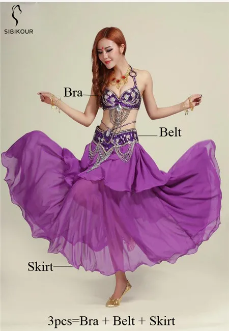 Purple 3pcs Женский сексуальный танец живота костюм танец живота Болливуд юбка Болливуд Восточный костюм бюстгальтер пояс Египетский танец одежда - Цвет: Purple 3pcs