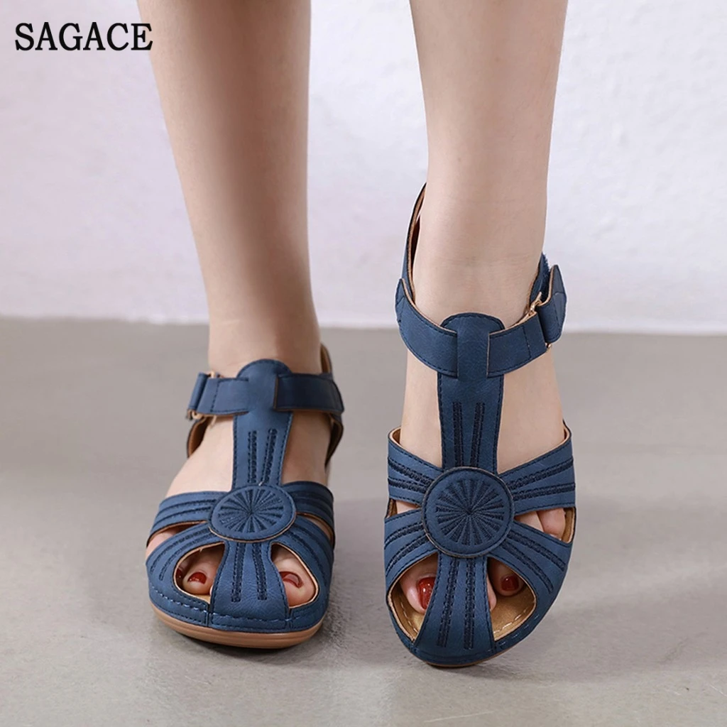 SAGACE/летние женские сандалии в римском стиле с круглым носком однотонные туфли на танкетке
