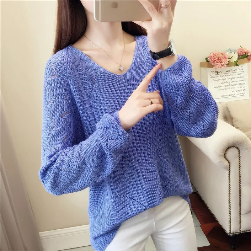 Casual Kintted Sweater Women Sexy V-Neck Long Sleeve Pullovers Thin Hollow Out Geometric Warm Tops 2019 Autumn Women's Sweaters | Женская
