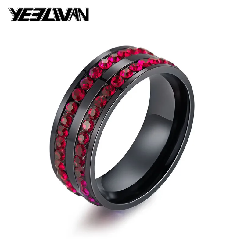 

New Two Rows of Crystal Ring Men Fashion Black Steel Red/Blue/Rings for Men Women Punk Wedding Rings free shiping Jewelry