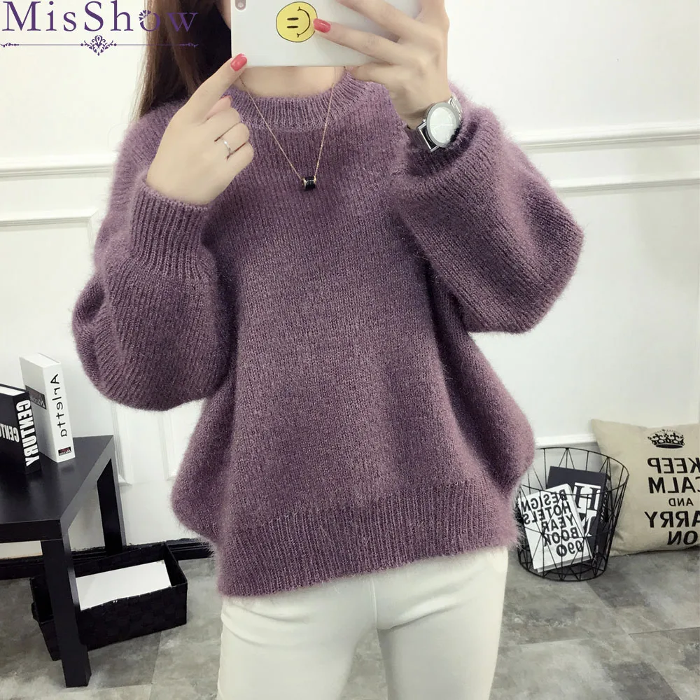 Женский укороченный свитер с длинным рукавом однотонный вязаный Свободный