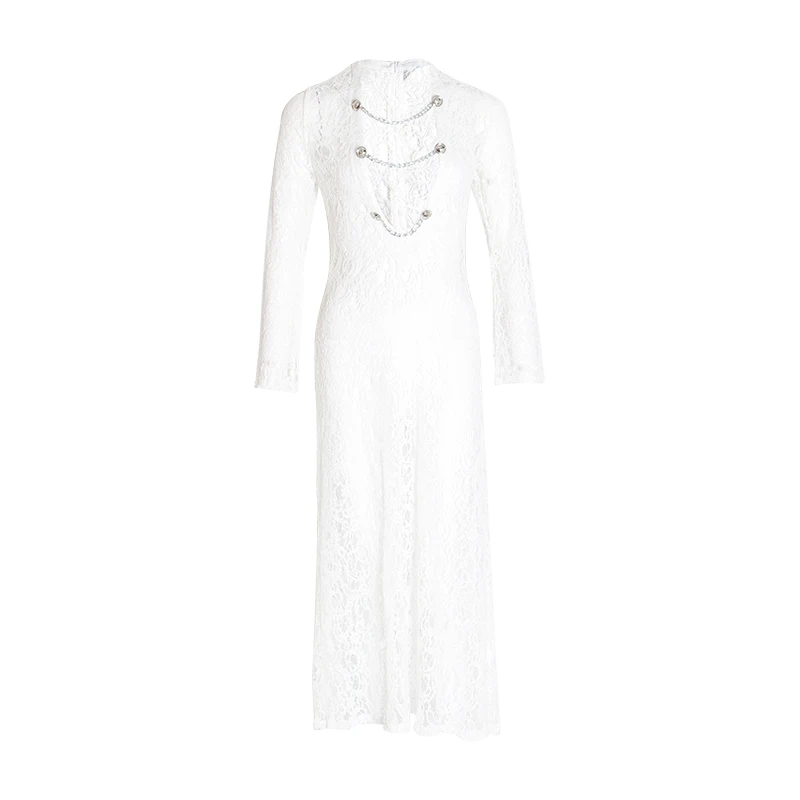 Женское кружевное платье TWOTWINSTYLE черное пляжное с длинным рукавом и треугольным