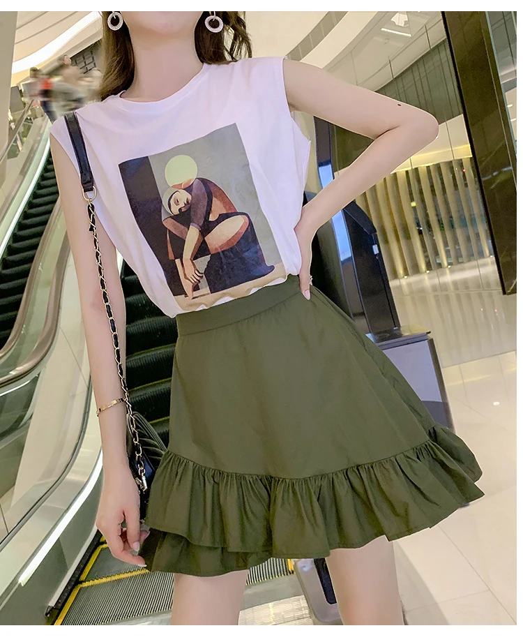 Trytree Summer Women Two piece set Casual O-Neck Sleeveless Top+ Skirt Mini Elastic Waist Zipper Ruffles Hem Suit 2 Piece Set