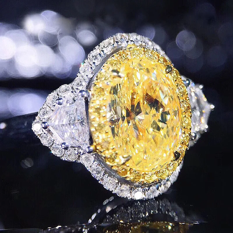 

Wedding Ring For Women Solid 18K White Gold 1ct 6mm Center Yellow Oval Cut Moissanite Halo Ring Lab Diamond Ring