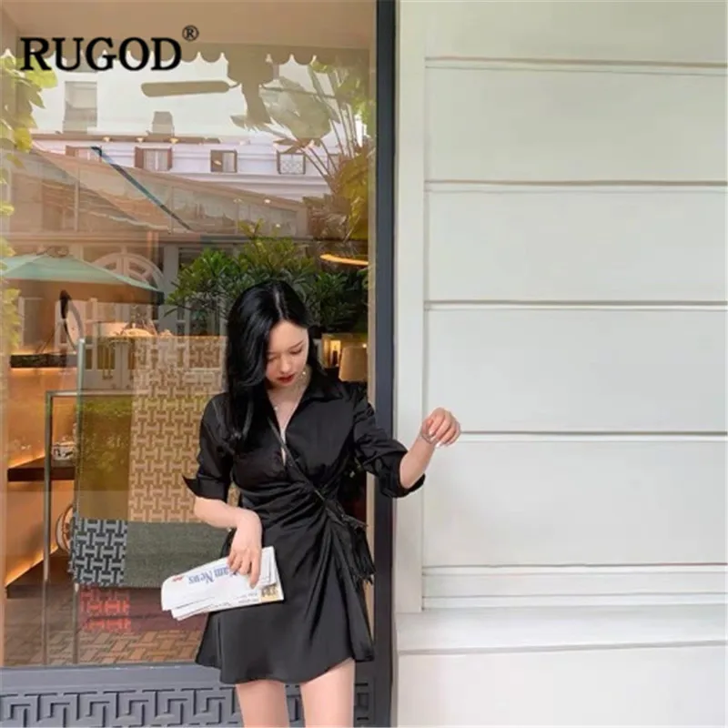 RUGOD однотонное винтажное женское платье рубашка с длинными рукавами элегантное