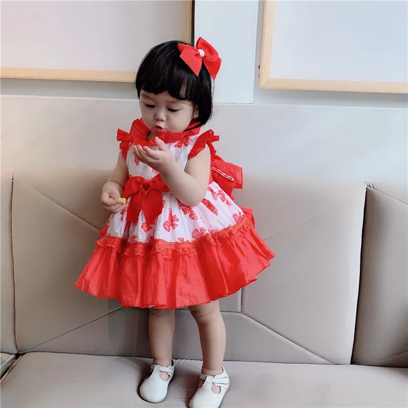

2019 Summer New Arrivals Girls Cotton Quality Wedding Dress Spanish Custom Princess Dress Red Print Bow Dress Christmas Dress