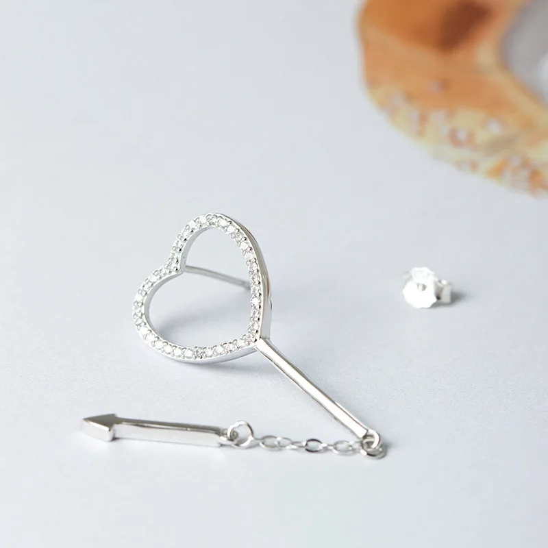 heart arrow cz asymmetric earrings 100% 925 Sterling silver Jewelry fashion Hypoallergenic Stud for women girl gift | Украшения и
