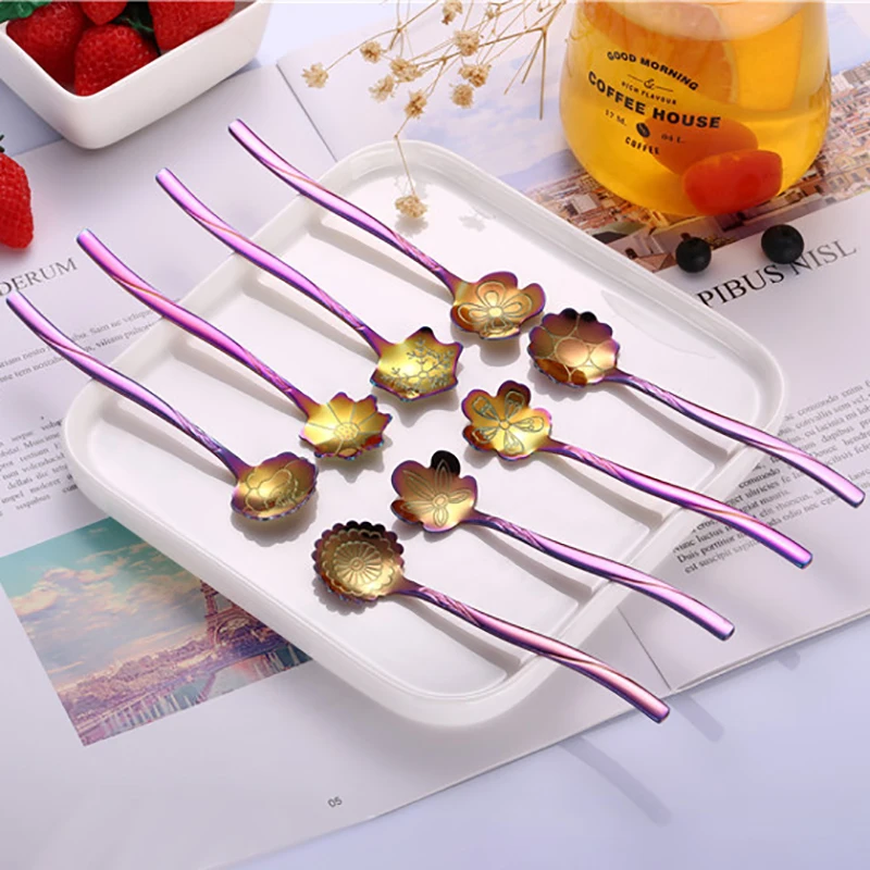 

Colorful Flower Tea Spoon Stainless Steel Coffee Mixing Scoop Tableware Mirror Polished Rose Handle Dessert Spoon Christmas Gift
